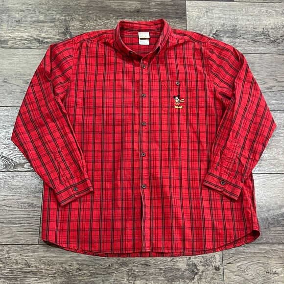 Vintage Y2K Disney Store Mickey Mouse Red Plaid Long Sleeve Shirt - Men's XL - Picture 1 of 7